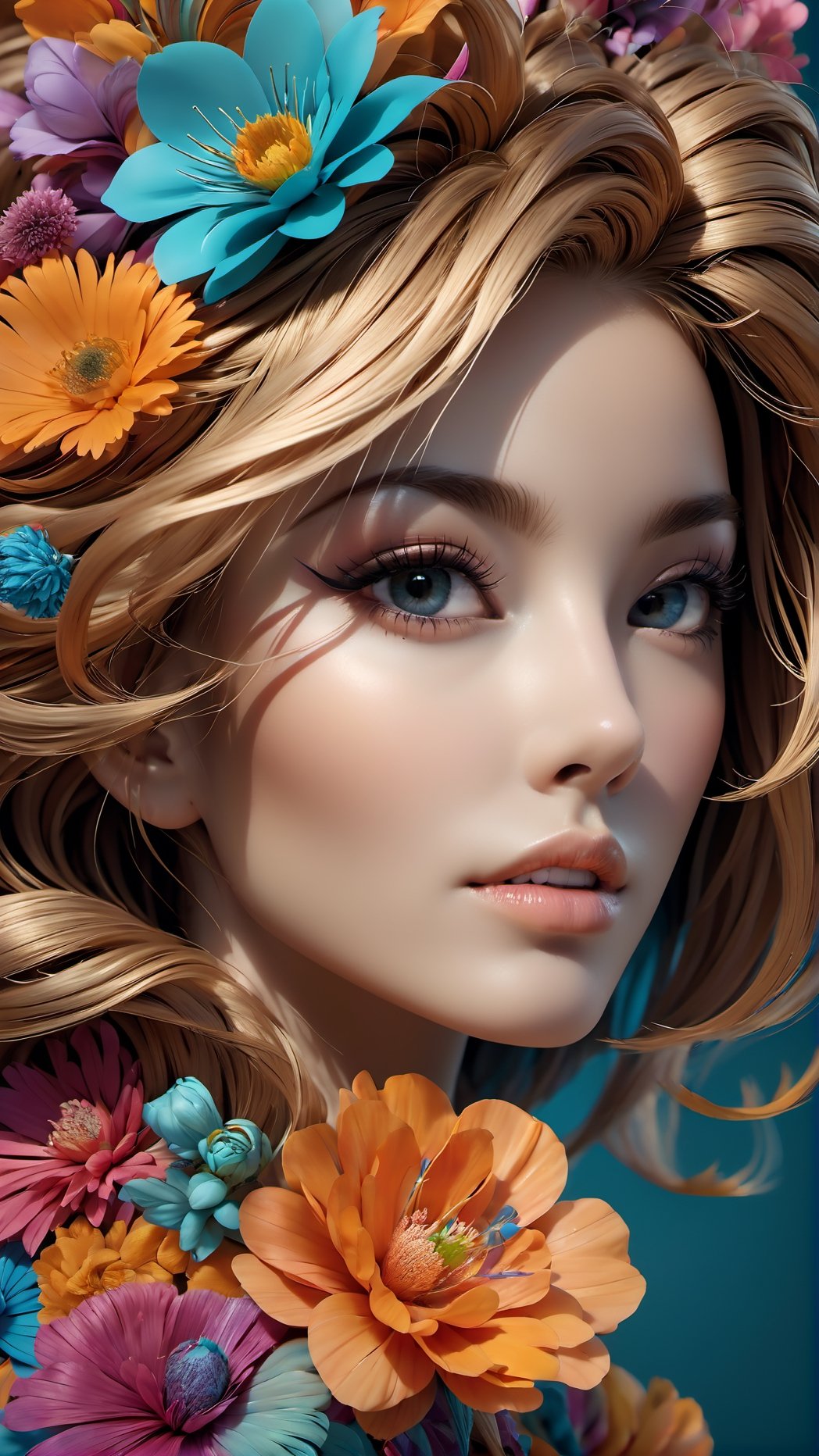 Intricate image of a Beautiful floral woman with flowy flowe-like hair, work of beauty and complexity, hyperdetailed facial features, 8k UHD, close-up, alberto seveso style 