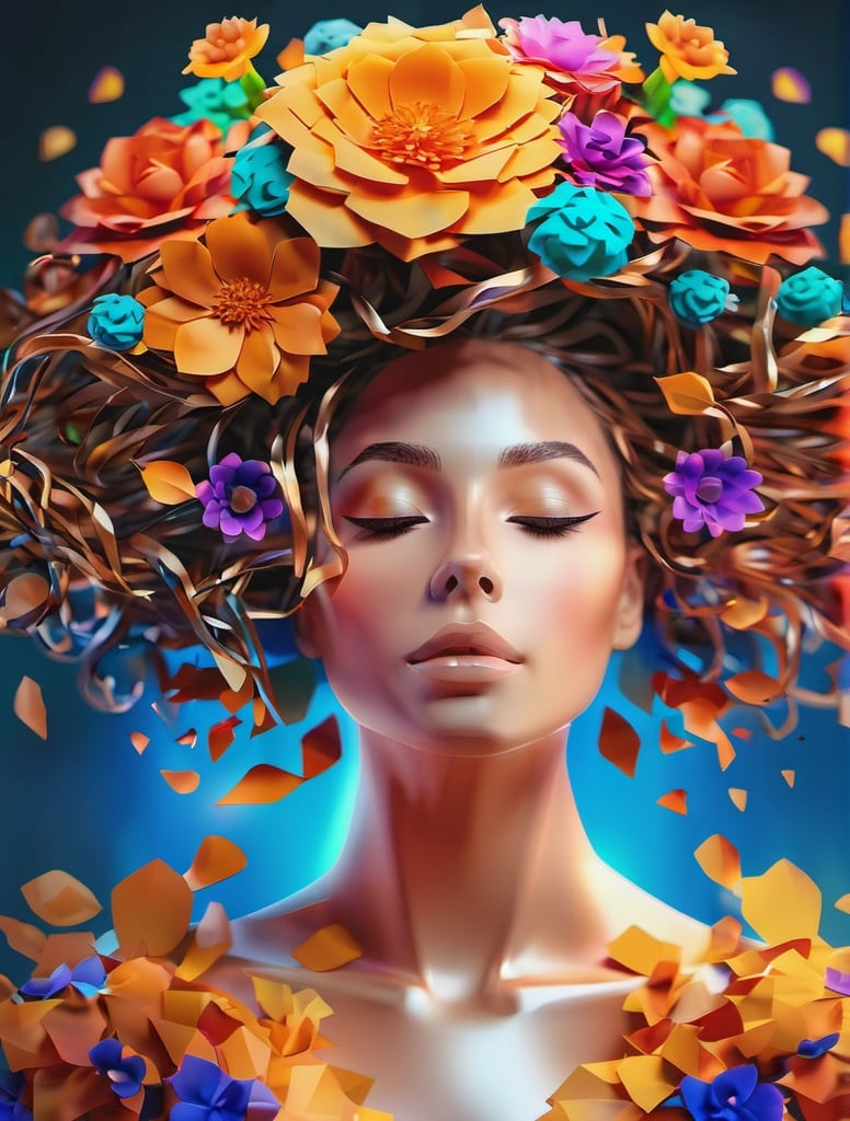 Intricate Imagine a beautiful woman with translucent colorful sfumato hair floating in the air, work of beauty and complexity, hyperdetailed face, flowercore, awe-inspiring fantasy, 8k UHD, amber glow elements , alberto seveso style ,Niji Slime