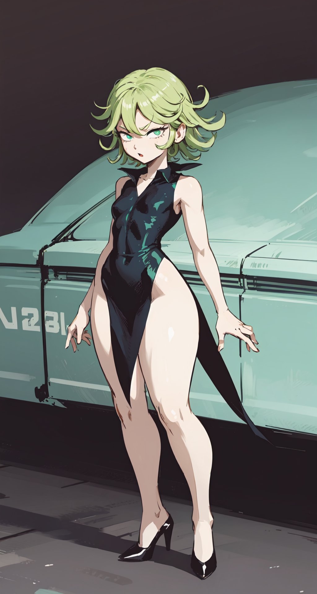 8k,solo, 1girl, tatsumaki, black dress, iom,(full body),standing,(thick thighs),flat chest,curly hair,short hair,BREAK green hair,angry,simple_background,highheels,detailed face,BREAK green eyes,skin-tight dress