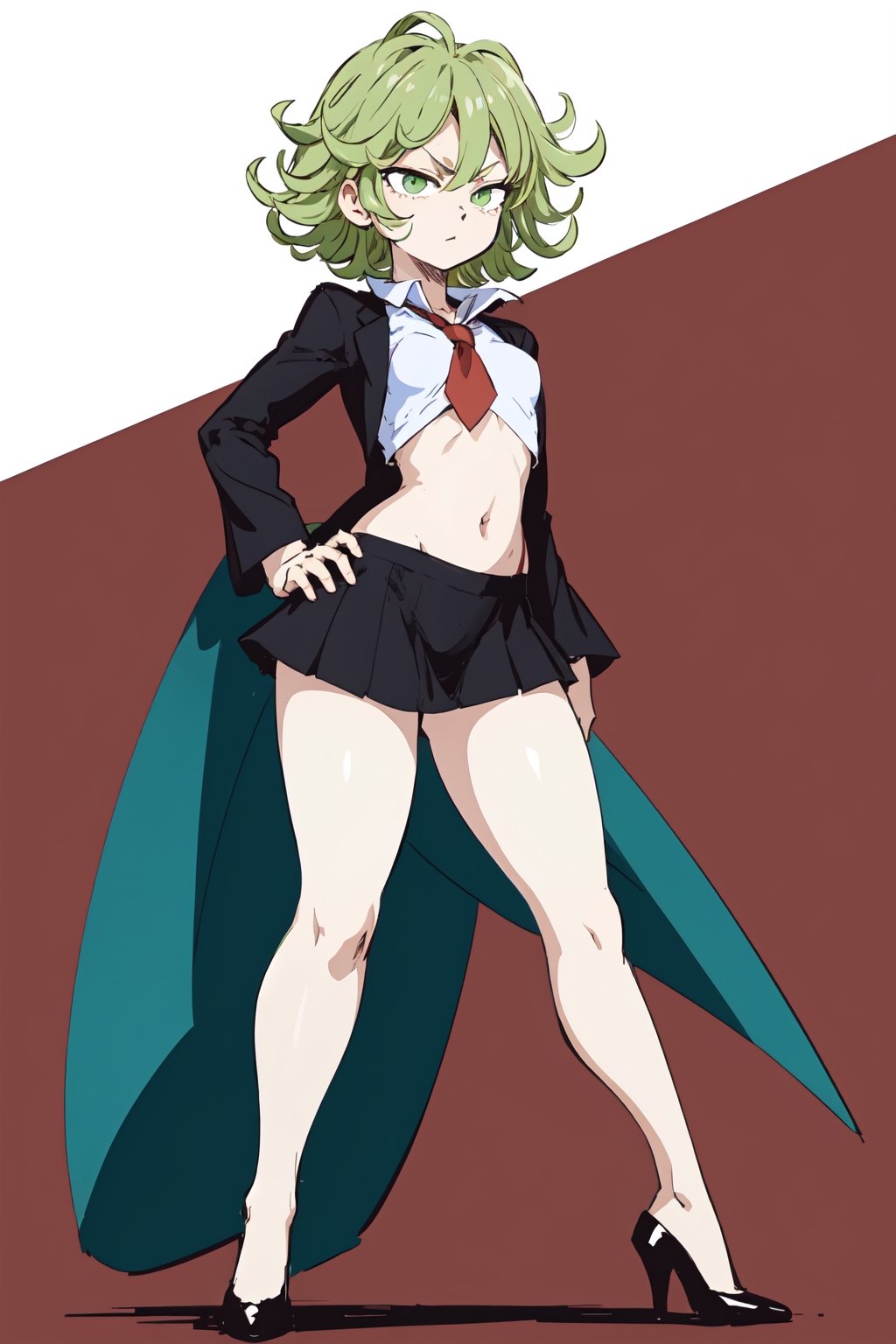 8k,solo, 1girl, tatsumaki, school_uniform, iom,full body,standing,(thick thighs),flat chest,curly hair,short hair,green hair,angry,anime_coloring,simple_background,highheels,detailed face,green eyes