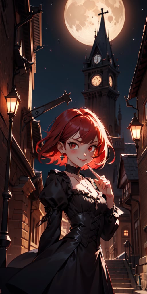 cute, skinny, brown_skin, short revealing victorian dress, gothic, dark colors, menacing looking, licking finger with tongue, blood, terror, horror, night, industrial architecture background, victorian architecture background, looking_at_viewer, femme fatal, demi-smile, red_hair, full_body, small_breast, red_eyes, loli, petite, whearing a necklace with a silver compostela cross, short-hair, moon light,