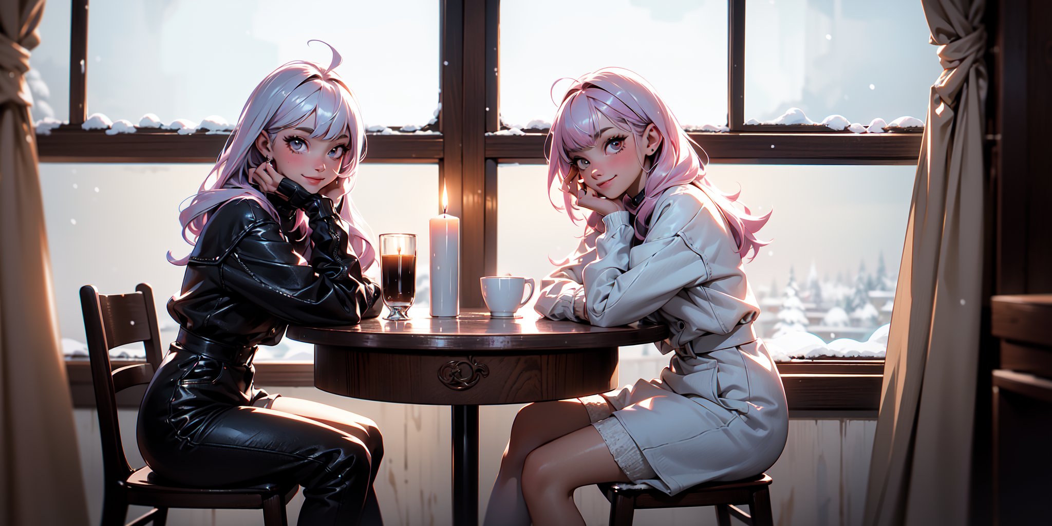 award-winning photograph, Best quality, masterpiece, ultra high res, grainy tri-x pushed to 3200, 2 girls, looking_at_viewer, 2 girls drinking coffee sitted on a table, left girl with silver hair, right girl with pink hair, dark tones, small candle in the center of the table, window showing snow background, smiling