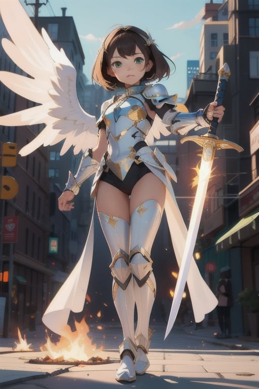 1 girl, angel, white armor, golden details, beautiful, skinny, teen loli, 16 years, sexy, looking_at_viewer, brunette, green_eyes, hand on face, full_body, standing_up, cute, large_wings, city_background, holding a fire sword