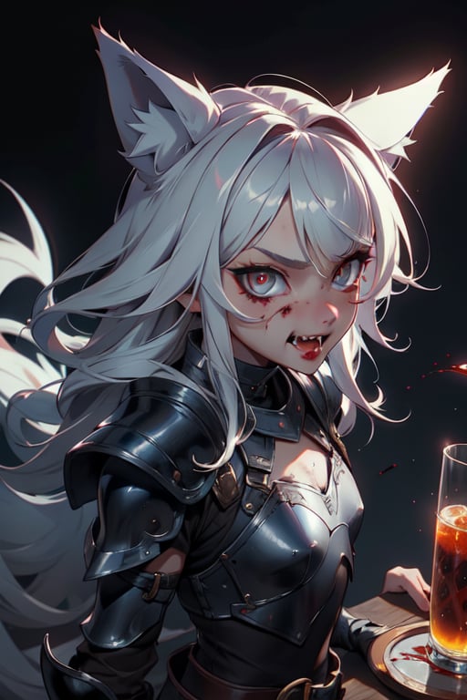 1 girl, lycanthrope, wolf ears, reaveling clothes, short, night, dark, leather armor, gothic, dark silver details, beautiful, skinny, teen loli, 16 years, sexy, looking_at_viewer, long_hair, silver_hair, amber_eyes, hungry for blood expression, full_body, standing_up, cute, upper view, destroyed city_background, holding a dessert eagle, menace looking, 8k wallpaper, masterpiece, great definition, detailed face, demi smile showing a canine,blood on her hands, fangs, upper_view, full_body