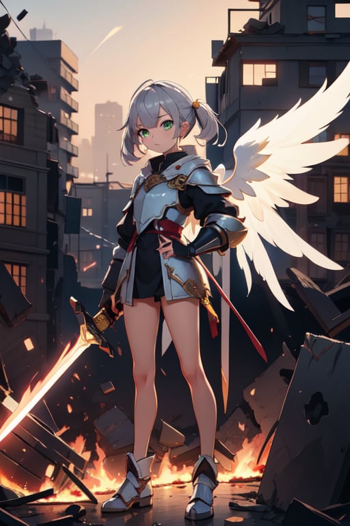 1 girl, angel, white armor, golden details, beautiful, skinny, teen loli, 16 years, sexy, looking_at_viewer, silver_hair, green_eyes, brown skin, hand on face, full_body, standing_up, cute, large_wings, upper view, destroyed city_background, holding a fire sword, menace looking, 8k wallpaper, masterpiece, great definition, detailed face