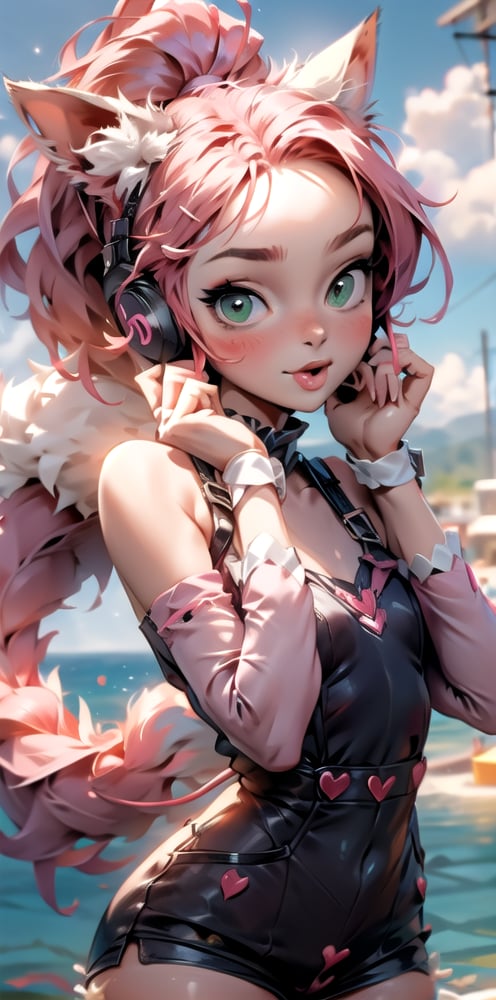 12 years old girl, cat ears, cute, hands rised like on a cat position, looking_at_viewer, shorts, small blouse, big headphones, pink hair clip, blue_hair with green points, ponytail, showing tongue, blinking, super cute, 1 small sticker on her face, 8k, ultra high definition, unreal engine, full hd