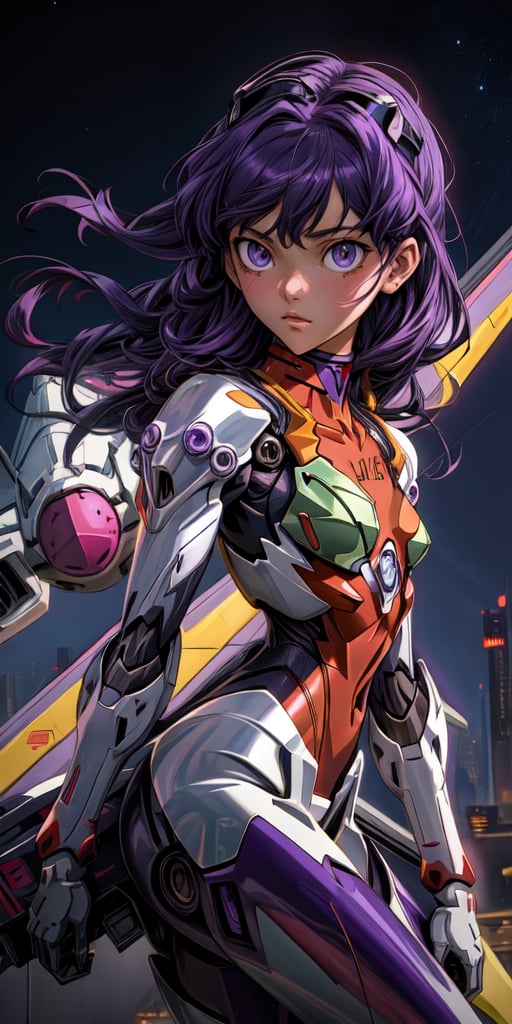 on the backgroud, mecha, evangelion, mecha violet, lookig at viewer, 2/4, on the first plane a girl