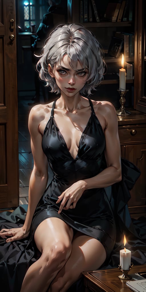 gorgeous girl, skinny, grey_eyes, looking_at_viewer, wearing a black thigh elegant dress, silver_hair, elegant, dark tones, sitting, looking with serenity and compassion, death, misterious, formal, horror, shameless, sole persone, brown_skin, resplandecent, secure of herself, imponent, small_ breast, sombre, night, Fechin, poor light, candle light, serious look