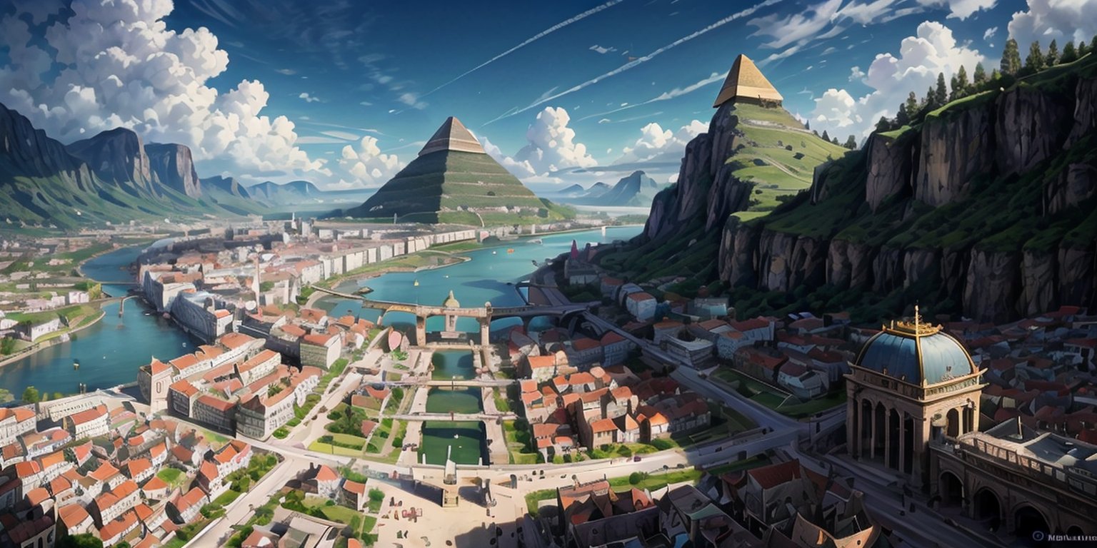 a city laid out symmetrically, with 5 circules sectors separated by four causeways or canals surrounding the central area. the center has a great golden sun pyramid, temples for other gods, and the rulers, flying machines, people, fully detaild, 8k, ultra hd