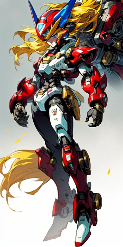 zero from megaman x, red armor, cyborg, laser sable on right hand, blond hair, helmet with a blue emerald, gold details, full_body, 3/4 frontal view