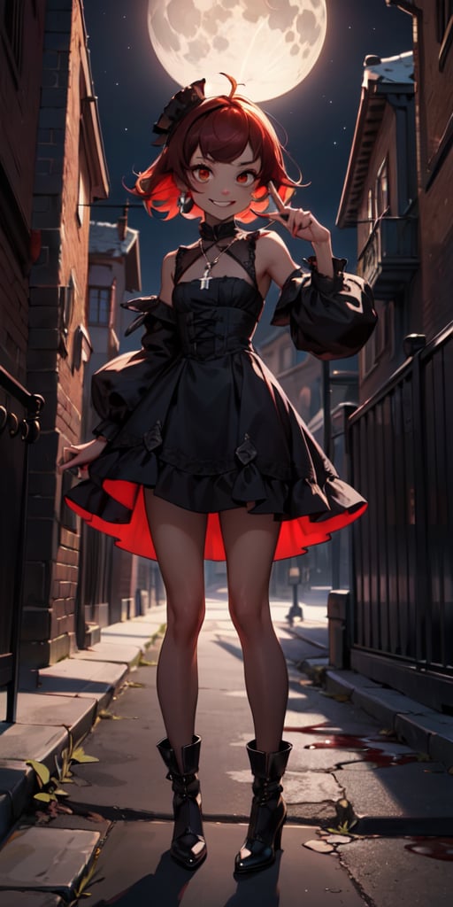 cute, skinny, brown_skin, short revealing victorian dress, gothic, dark colors, menacing looking, smiling while licking finger with tongue, blood, terror, horror, night, industrial architecture background, victorian architecture background, looking_at_viewer, femme fatal, red_hair, full_body, small_breast, red_eyes, loli, petite, whearing a necklace with a silver compostela cross, short-hair, moon light,