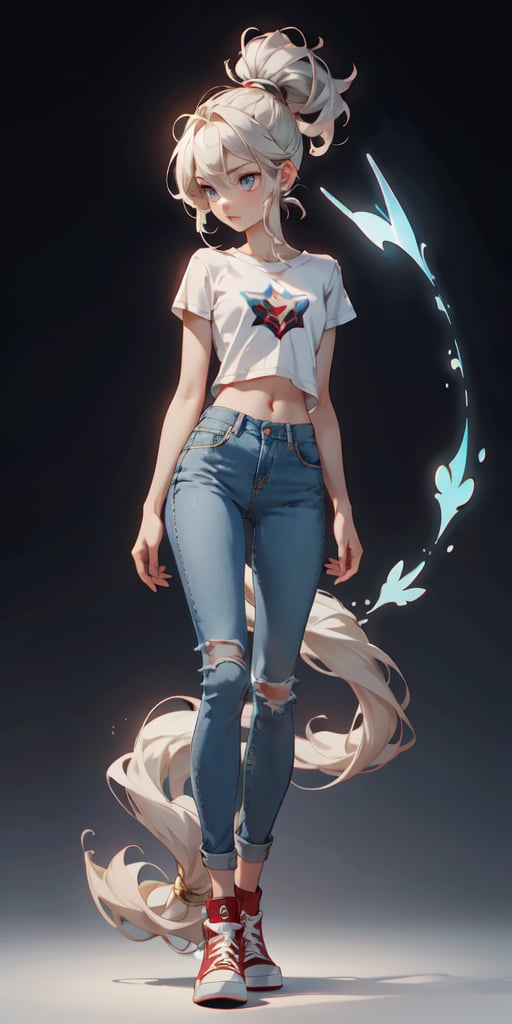 15 years, 1 girl, enchantress, blond, blue_eyes, ponytail, skinny, fit, silver aura, pale skin, pretty, thight jeans, red converse, teen