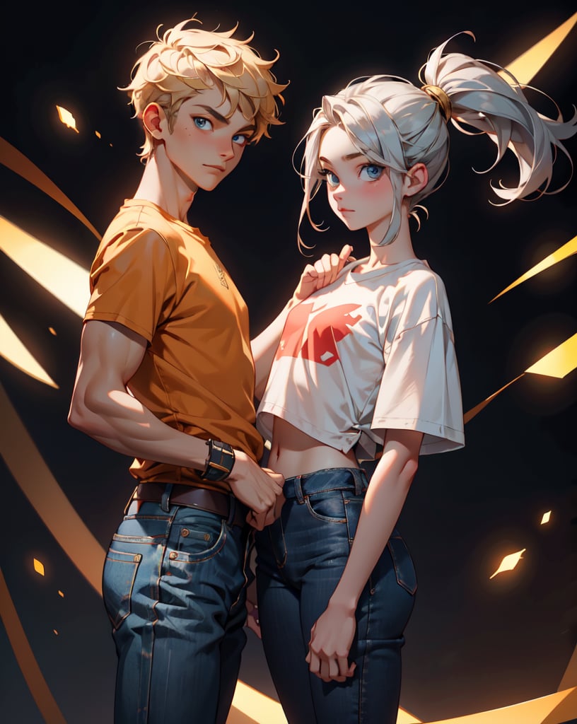 a scene of 2 persons.

on the left side a 15 years old boy, mage, blond, blue_eyes, short hair,  fit, gold aura, pale skin, handsome, jeans, blue converse, teen, loose black t-shirt, normal body, kind look, looking_at_viewer.

on the right side a 15 years old girl, 15 years, 1 girl, enchantress, blond, blue_eyes, ponytail, skinny, fit, silver aura, pale skin, pretty, thight jeans, red converse, teen, looking_at_viewer.


8k, masterpiece, fullhd