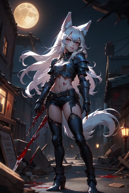 1 girl, lycanthrope, wolf ears, reaveling clothes, short, night, dark, leather armor, gothic, dark silver details, beautiful, skinny, teen loli, 16 years, sexy, looking_at_viewer, long_hair, silver_hair, amber_eyes, hungry for blood, full_body, standing_up, cute, upper view, destroyed city_background, holding a dessert eagle, menace looking, 8k wallpaper, masterpiece, great definition, detailed face, demi smile howing a canine,blood on her hands, fangs