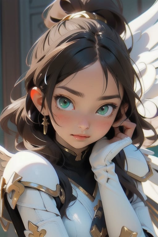 1 girl, angel, white armor, golden details, beautiful, skinny, teen loli, 16 years, sexy, looking_at_viewer, brunette, green_eyes, hand on face