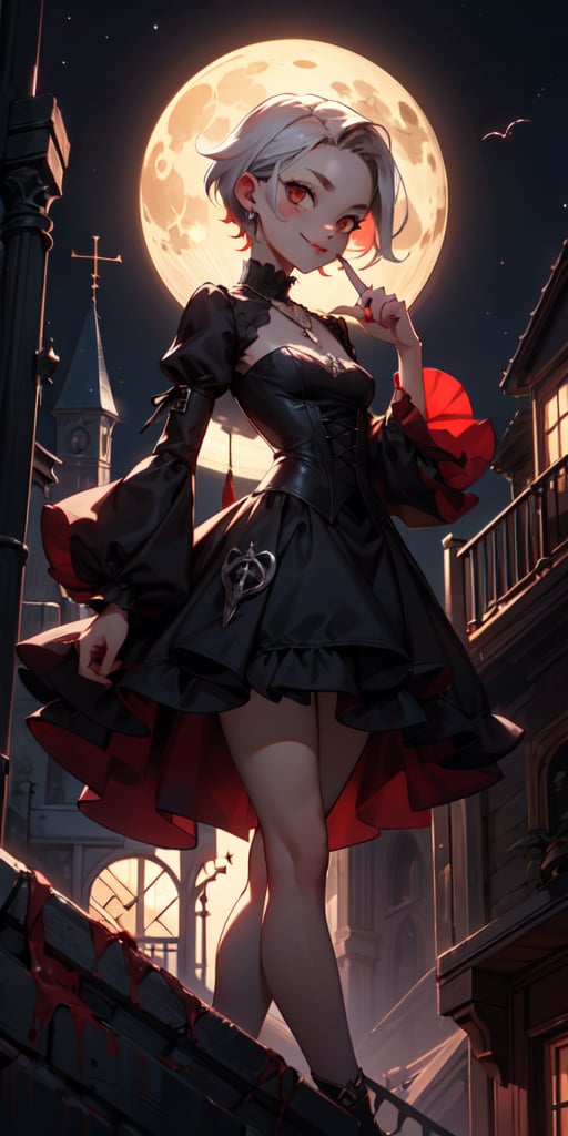 cute, skinny, brown_skin, short revealing victorian dress, gothic, dark colors, menacing looking, licking finger with tongue, blood, terror, horror, night, industrial architecture background, victorian architecture background, looking_at_viewer, femme fatal, demi-smile, red_hair, full_body, small_breast, red_eyes, loli, petite, whearing a necklace with a silver compostela cross, short-hair, moon light,