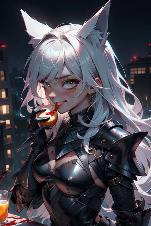 1 girl, lycanthrope, wolf ears, reaveling clothes, short, night, dark, leather armor, gothic, dark silver details, beautiful, skinny, teen loli, 16 years, sexy, looking_at_viewer, long_hair, silver_hair, amber_eyes, hungry for blood, full_body, standing_up, cute, upper view, destroyed city_background, holding a dessert eagle, menace looking, 8k wallpaper, masterpiece, great definition, detailed face, demi smile howing a canine,blood on her hands, fangs, upper_view