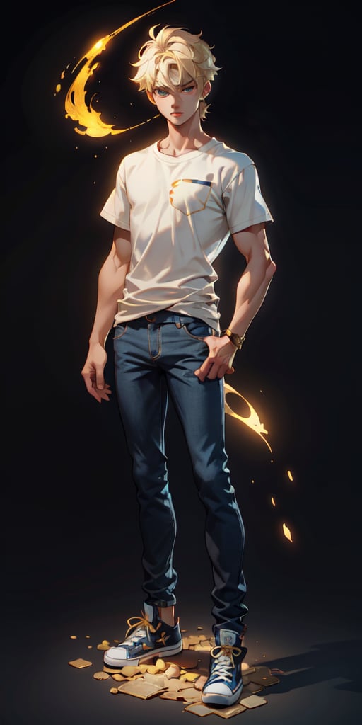 15 years, 1 boy, mage, blond, blue_eyes, short hair,  fit, gold aura, pale skin, handsome, jeans, blue converse, teen, loose black t-shirt, normal body, kind look