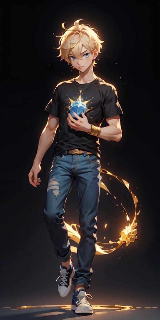 15 years, 1 boy, mage, blond, blue_eyes, short hair,  fit, gold aura, pale skin, handsome, jeans, blue converse, teen, loose black t-shirt, normal body, kind look