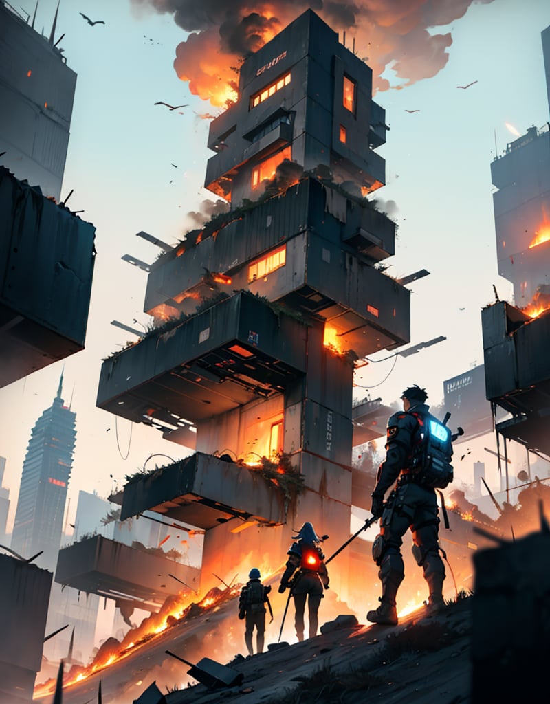 male and female futuristic soilders on the top of a mountain are looking at a great devastaded futuristic city with destroyed buildings, the city is on fire, both with weapons, sad, crying_with_eyes_open, fire, corpses, 8k, full hd, high definition, masterpiece, contrast