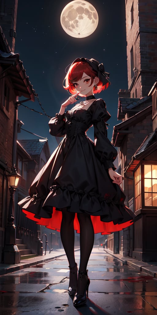 cute, skinny, brown_skin, short revealing victorian dress, gothic, dark colors, menacing looking, finger on her mouth, blood, terror, horror, night, industrial architecture background, victorian architecture background, looking_at_viewer, femme fatal, demi-smile, red_hair, full_body, small_breast, red_eyes, loli, petite, whearing a necklace with a silver compostela cross, short-hair, moon light,