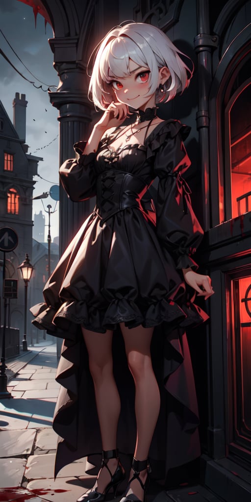 cute, skinny, brown_skin, short revealing victorian dress, gothic, dark colors, menacing looking, hand on her face, blood, terror, horror, night, industrial architecture background, victorian architecture background, looking_at_viewer, femme fatal, demi-smile, red_hair, full_body, small_breast, red_eyes, loli, petite, whearing a necklace with a silver compostela cross, short-hair