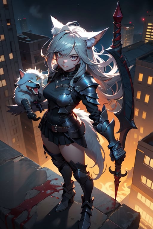 1 girl, lycanthrope, wolf ears, reaveling clothes, short, night, dark, leather armor, gothic, dark silver details, beautiful, skinny, teen loli, 16 years, sexy, looking_at_viewer, long_hair, silver_hair, amber_eyes, hungry for blood expression, full_body, standing_up, cute, upper view, destroyed city_background, holding a dessert eagle, menace looking, 8k wallpaper, masterpiece, great definition, detailed face, demi smile showing a canine,blood on her hands, fangs, upper_view, full_body, female_solo