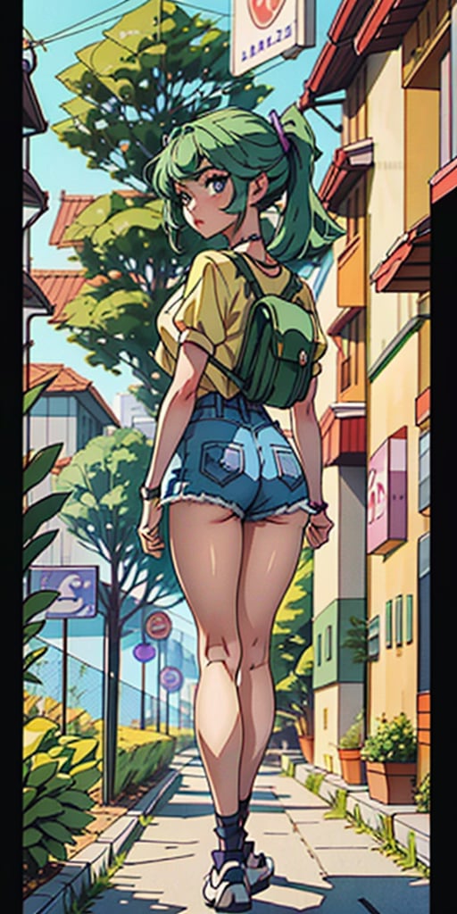 A cute girl walking by through a street with other people with shorts, looking_at_viewer, showing back, green_hair, violet_eyes, teen, skinny, pretty, with a backpack, full_body, one hand on her hair, pony_tail