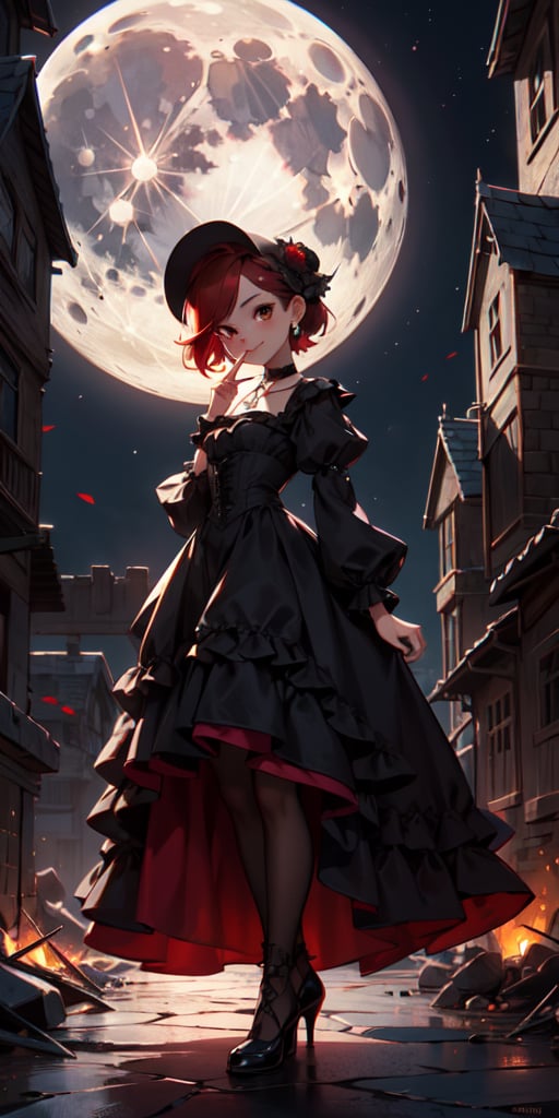 cute, skinny, brown_skin, short revealing victorian dress, gothic, dark colors, menacing looking, finger on her mouth, blood, terror, horror, night, industrial architecture background, victorian architecture background, looking_at_viewer, femme fatal, demi-smile, red_hair, full_body, small_breast, red_eyes, loli, petite, whearing a necklace with a silver compostela cross, short-hair, moon light,