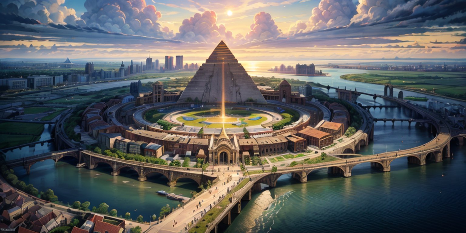 a city laid out symmetrically, with 5 circules sectors separated by four causeways or canals surrounding the central area. the center has a great golden sun pyramid, temples for other gods, and the rulers, flying machines, people, fully detaild, 8k, ultra hd