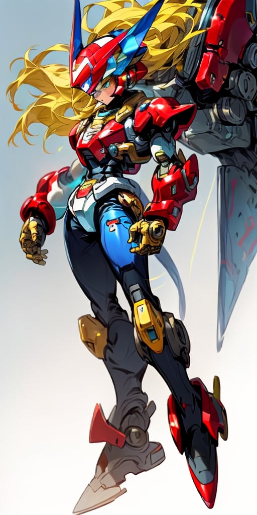 zero from megaman x, red armor, cyborg, laser sable on right hand, blond hair, helmet with a blue emerald, gold details, full_body, 3/4 frontal view