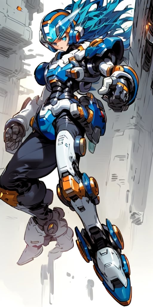 Megaman x, man, blue detailed armor, man, cyborg, canon integrated on right hand, blue helmet with an emerald on the center, full_body, no hair, futuristic city_background, detailed face