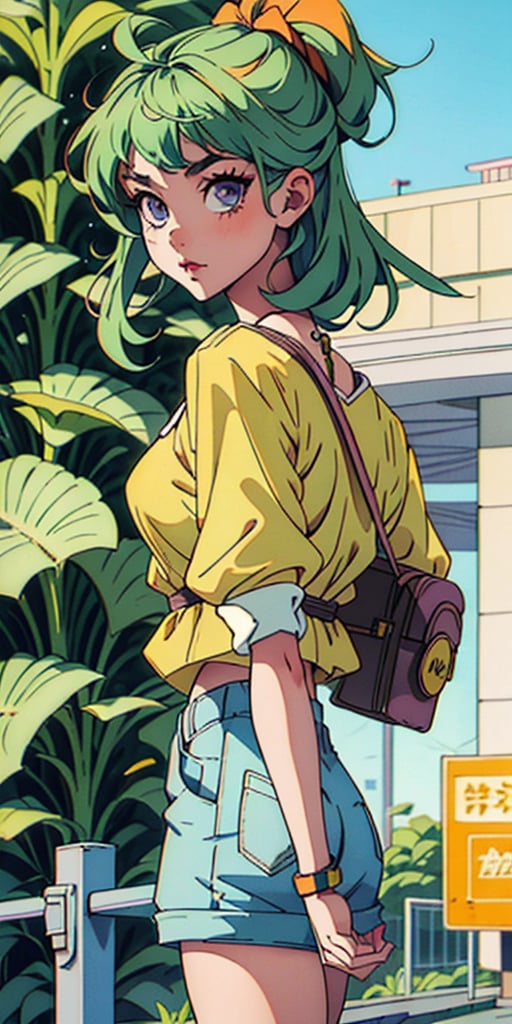 A cute girl walking by with thight shorts, looking_at_viewer, showing back, green_hair, violet_eyes, teen, skinny, pretty, with a backpack