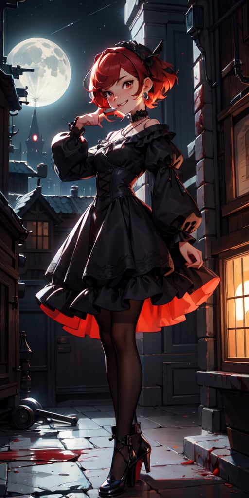 cute, skinny, brown_skin, short revealing victorian dress, gothic, dark colors, menacing looking, smiling while licking finger with tongue, blood, terror, horror, night, industrial architecture background, victorian architecture background, looking_at_viewer, femme fatal, red_hair, full_body, small_breast, red_eyes, loli, petite, whearing a necklace with a silver compostela cross, short-hair, moon light,