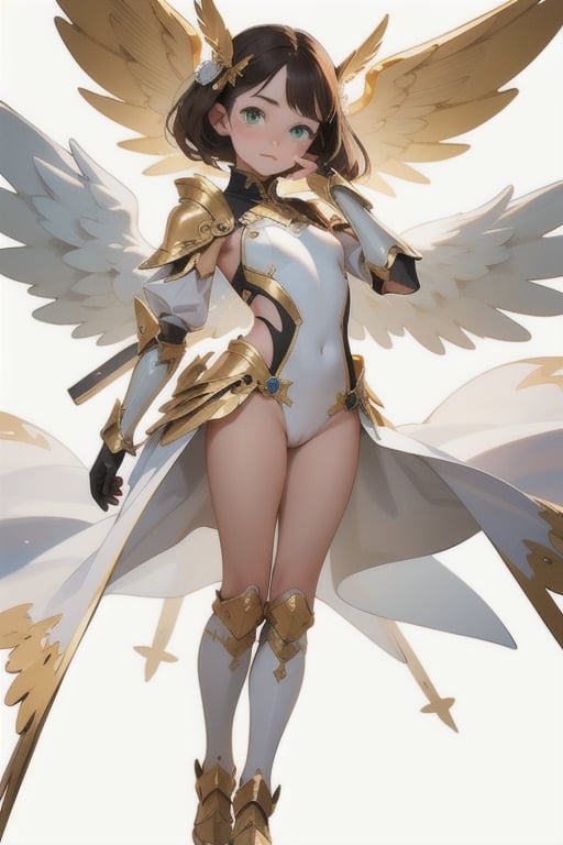 1 girl, angel, white armor, golden details, beautiful, skinny, teen loli, 16 years, sexy, looking_at_viewer, brunette, green_eyes, hand on face, full_body, standing_up, cute, large_wings