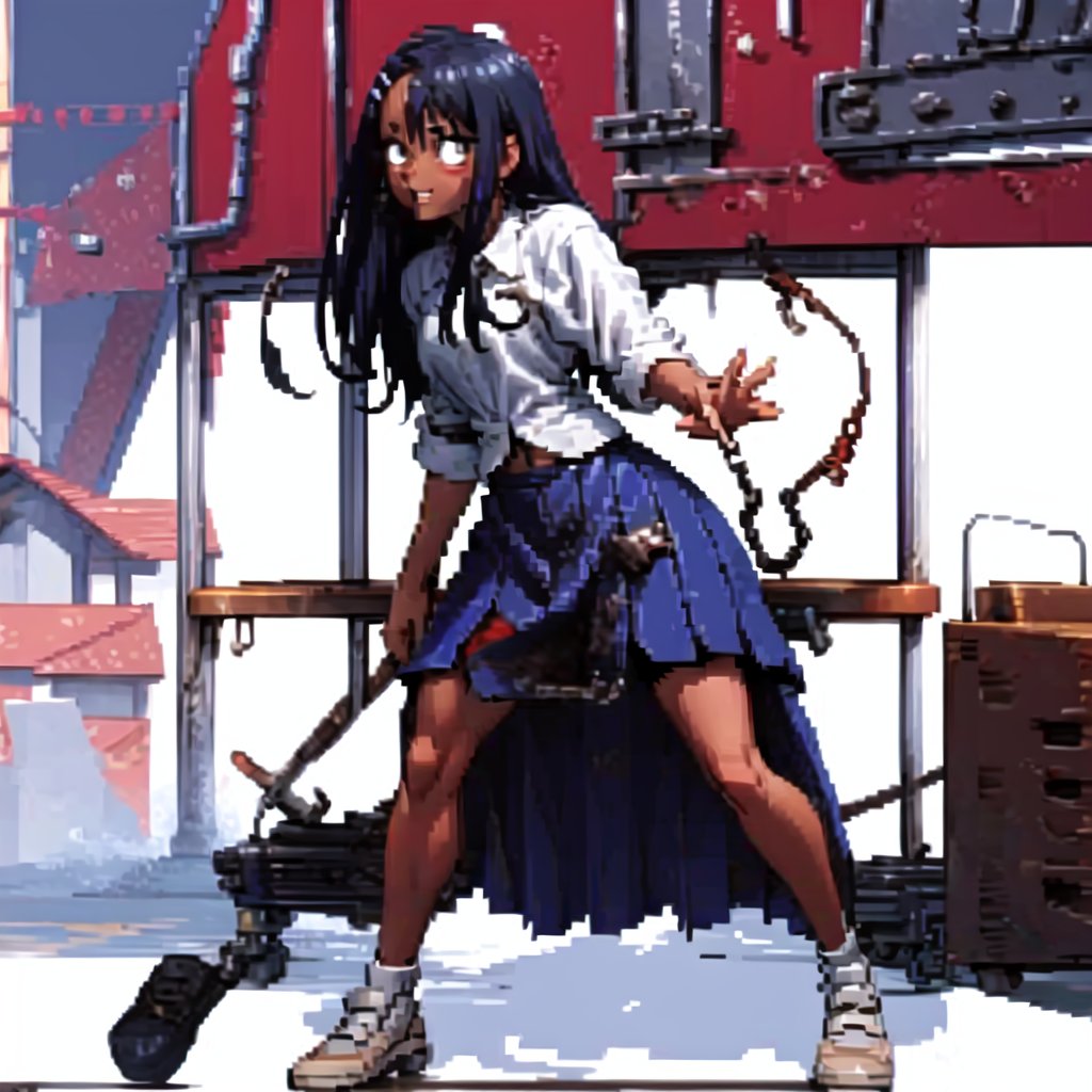 Nagatoro Hayase standing sexy in front of her school, looking_at_viewer, white shirt, blue skirt