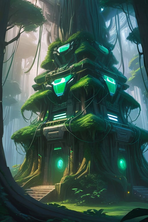 Ancient alien Temple, voltron, altean, organic but furutistic, covered in trees, glowing cables and tech.