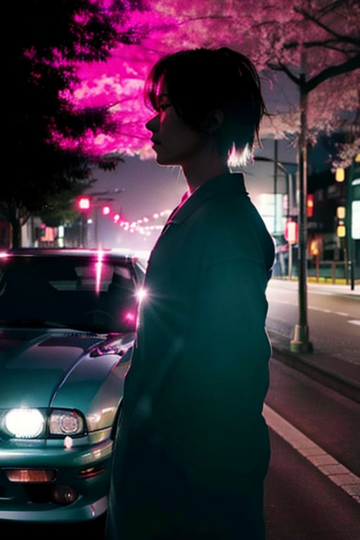 tuned mazda rx7 standing on the street, car have lights up, japan street with Cherry tree in the background

Car, mazda rx7,  japan_style, dawn
super_detailed, ultra_high_resolution, Best quality, masterpiece,, dynamic lighting, depth of field,car,	 SILHOUETTE LIGHT PARTICLES