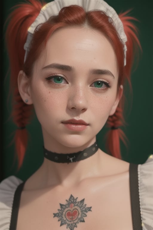 photo, dramatic lighting, detailed face, detailed nose, face-freckles, choker, tattoo, intricate background ,realism,realistic,raw,analog,woman,,photorealistic,analog,realism,, green_eyes, red_hair, 8k, pig_tails, maid