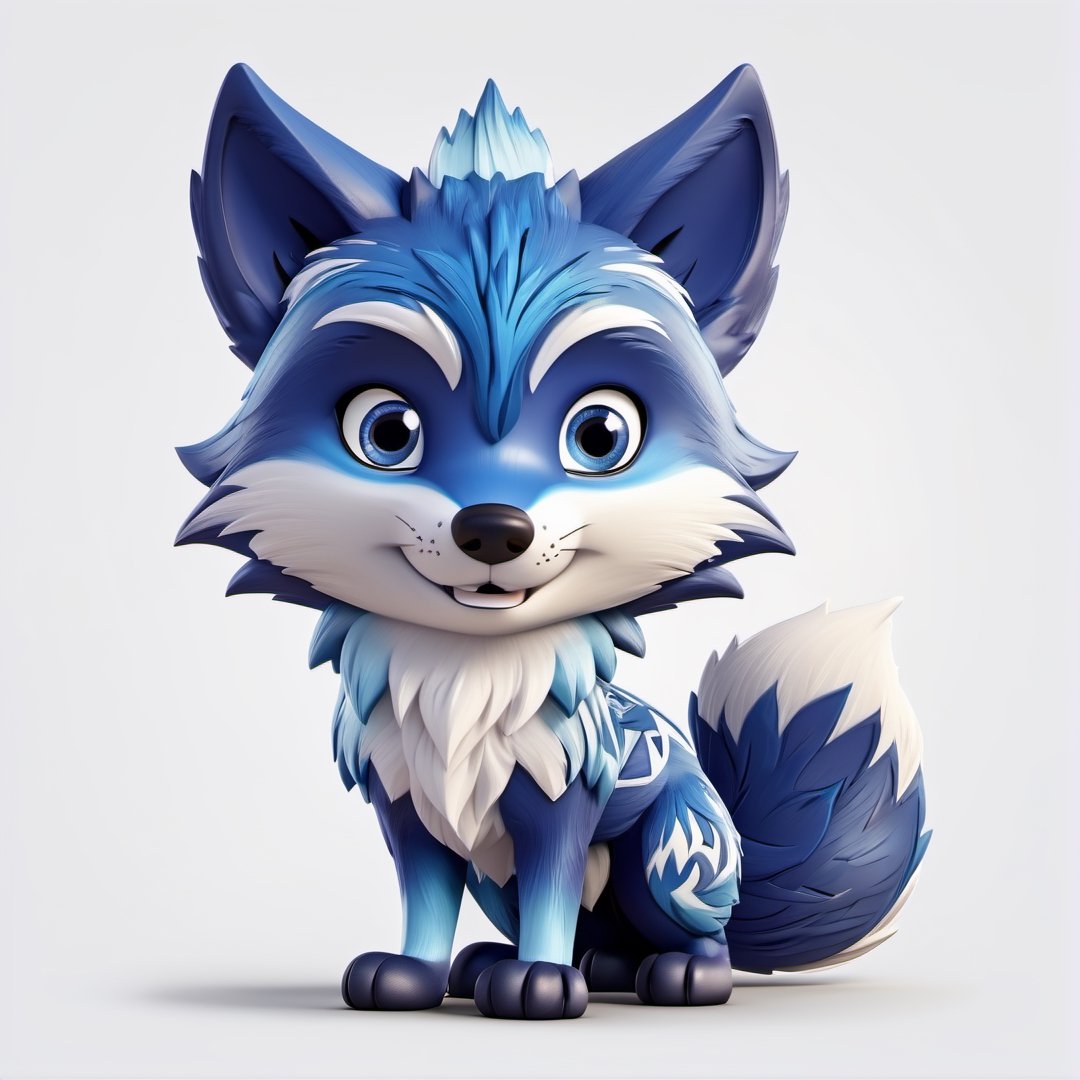 (full body) Tribal version mascot of cute and cuddly blue fox, angry expression, fighting pose, masterpiece artwork, white accent, detailed face features, sharp eyes, extremely detailed, intricate details, muted color scheme, subtle gradients, photorealistic, 8k, 3d style