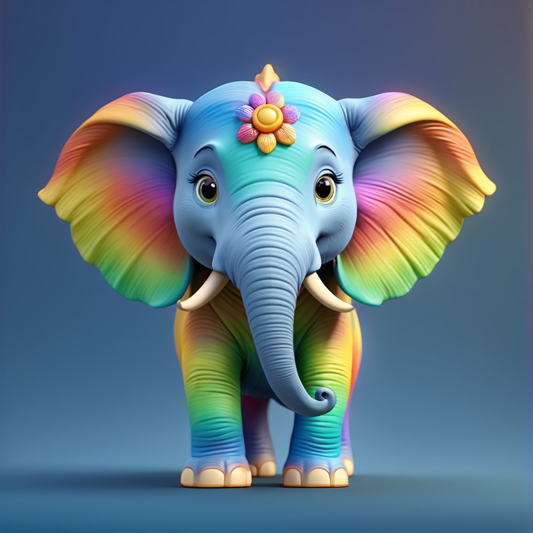 (full body) rainbow colored cute elephant, sharp eyes, extremely detailed, intricate details, muted color scheme, subtle gradients, photorealistic, 8k, 3d style,gabumon