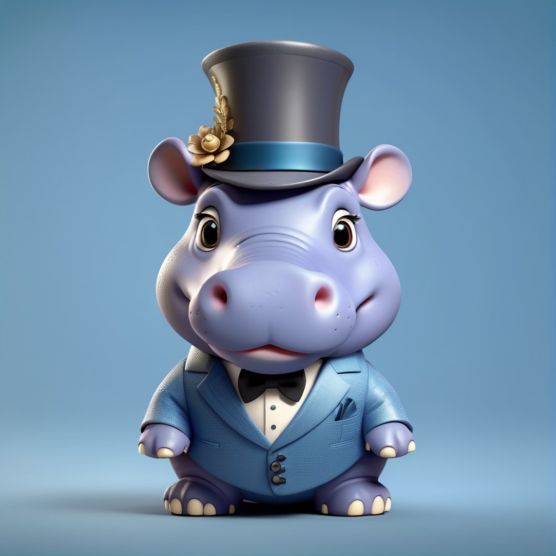 (full body) cute hippo in suit and top hat, sharp eyes, extremely detailed, intricate details, muted color scheme, subtle gradients, photorealistic, 8k, 3d style,gabumon