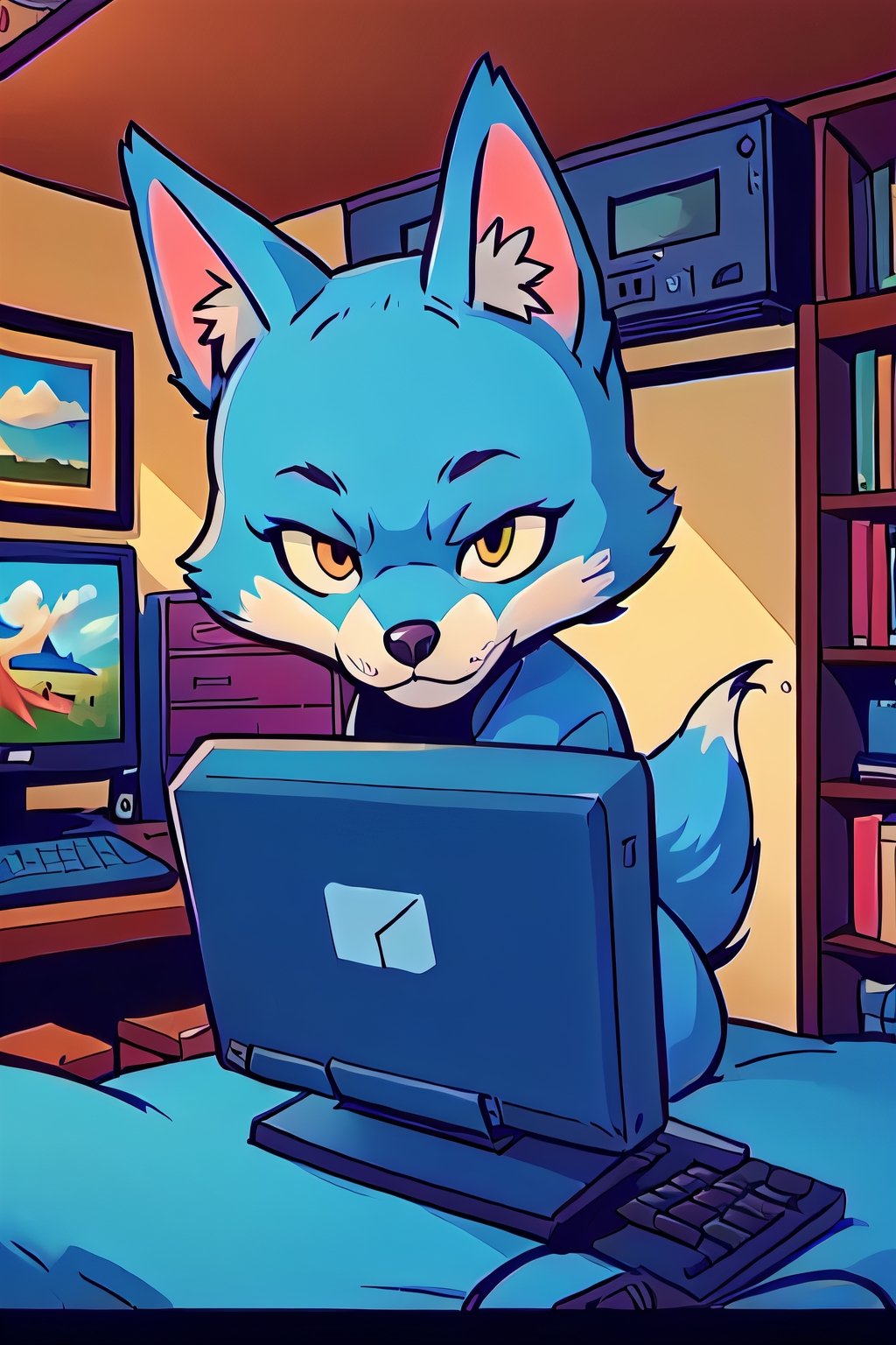(masterpiece:1.5), (best quality:1.5), cute little blue fox, animal, computer room, Comic Art Style