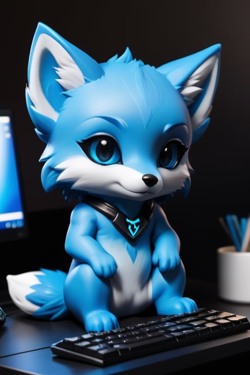zhibi, chibi, animal wavie Wraith, small wavie Wraith, chibi blue fox, sitting in a gaming computer/streamlined