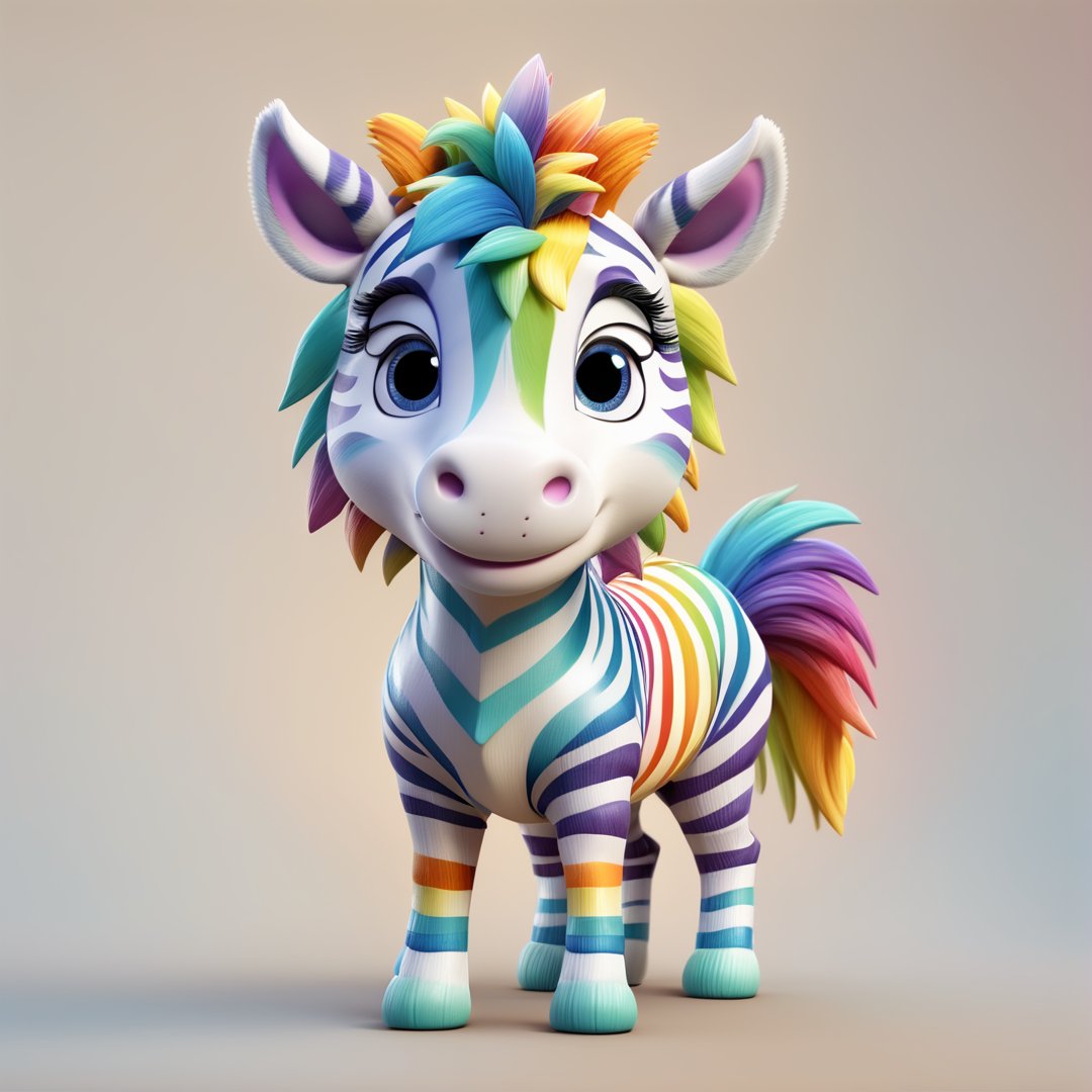 (full body) cute rainbow zebra, sharp eyes, extremely detailed, intricate details, muted color scheme, subtle gradients, photorealistic, 8k, 3d style,gabumon