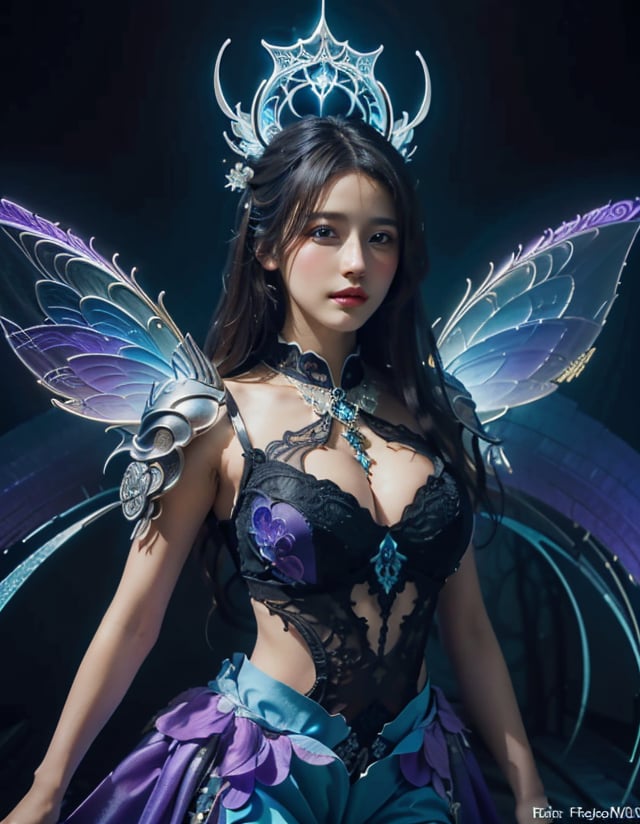 (masterpiece, top quality, best quality, official art, beautiful and aesthetic:1.2), (1girl), purple fairy costume, blue wings, violet details, big purple eyes, long hair, extreme detailed, (fractal art:1.3), colorful, highest detailed, heavenly background