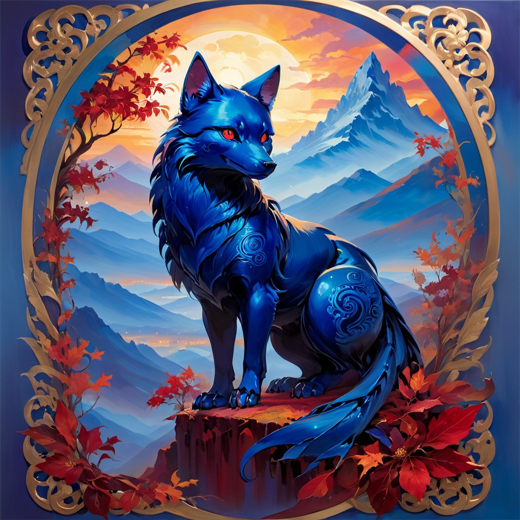 A majestic landscape painting emerges, capturing the awe-inspiring sight of the Red Mountain towering over the horizon. The mountain's slopes are cloaked in a vibrant tapestry of crimson and gold, a mesmerizing dance of autumnal hues. Above, the cerulean sky cradles a crescent moon, casting a soft, ethereal glow on the landscape. In the foreground, a mystical Blue Fox with fur that shimmers like a midnight sky stands poised, gazing at the mountain. Its intelligent eyes hold a hint of ancient wisdom, a guardian of this mystical realm.