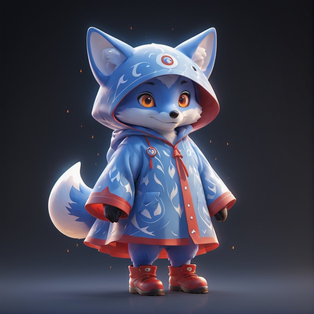 (full body) Mascot cute cuddly blue Fox, looking at camera, wearing a full red robe printed with white flame pattern, big red eyes, extremely detailed, intricate details, muted color scheme, subtle gradients, photorealistic, 8k, 3d style,3d style