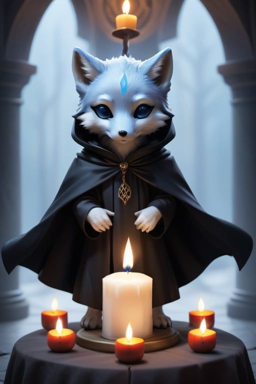 zhibi, chibi, animal wavie Wraith, small wavie Wraith, chibi blue fox in a black cloak, floating above an altar with candles