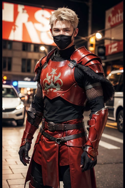 1 male, warrior, leather_armor, face covered, looking_at_viewer, dark tones, red_clothes_details, menace, city background, modern_armor, perfecteyes